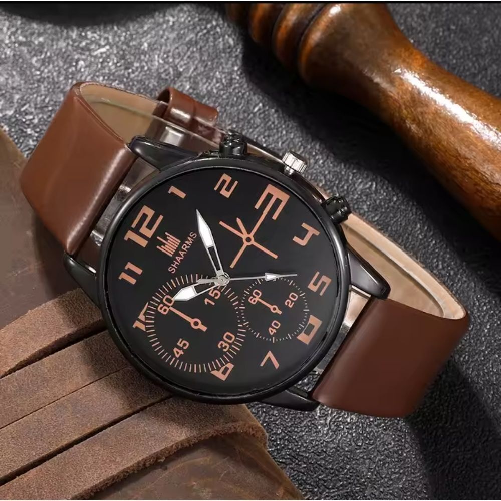 Men's Watch And Bracelet Set Leather beaded layered brown new e87 - Picture 4 of 4